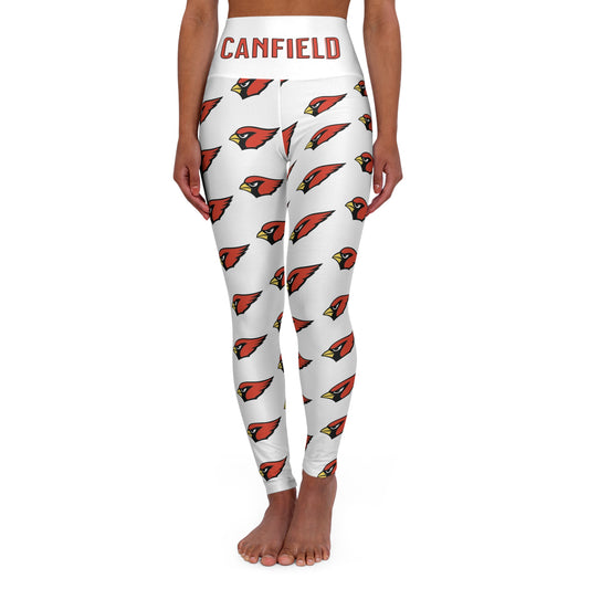 "Canfield Football" High Waisted Yoga Leggings, Red Cardinal