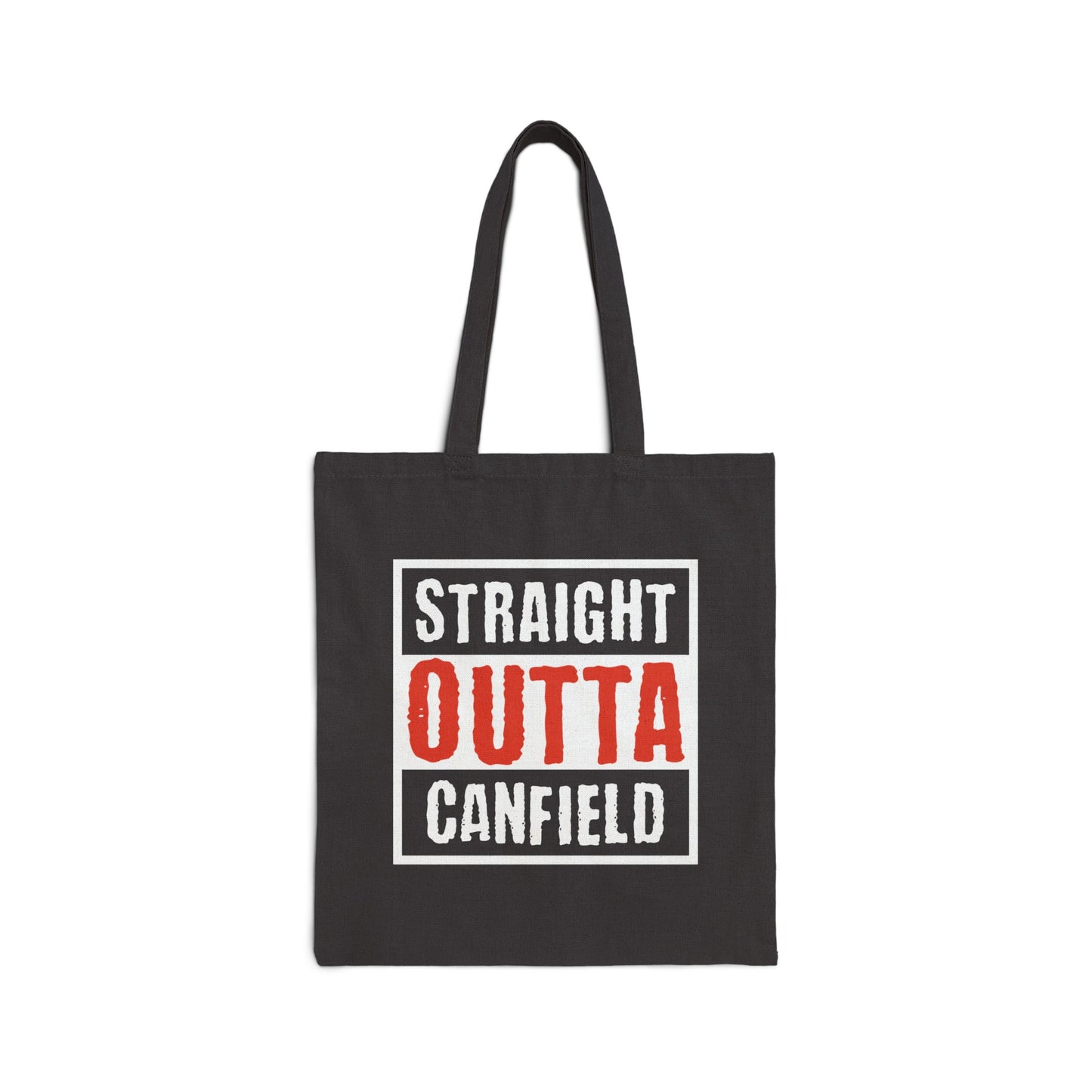 "Straight Outta Canfield" Cotton Canvas Tote Bag, White w/Red Trim Cardinal