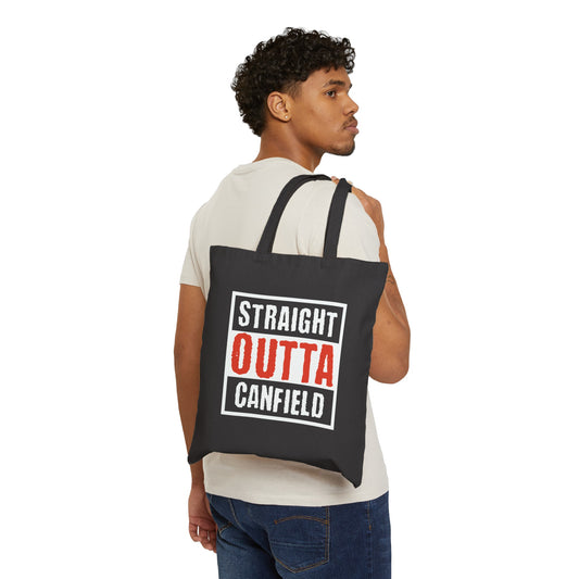 "Straight Outta Canfield" Cotton Canvas Tote Bag, White Cardinal