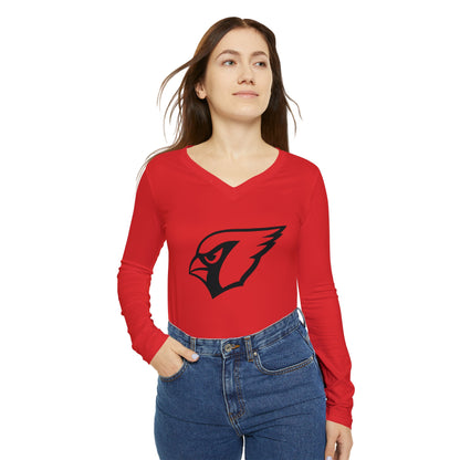 Monochrome Cardinal, Women's Long Sleeve V-neck Shirt