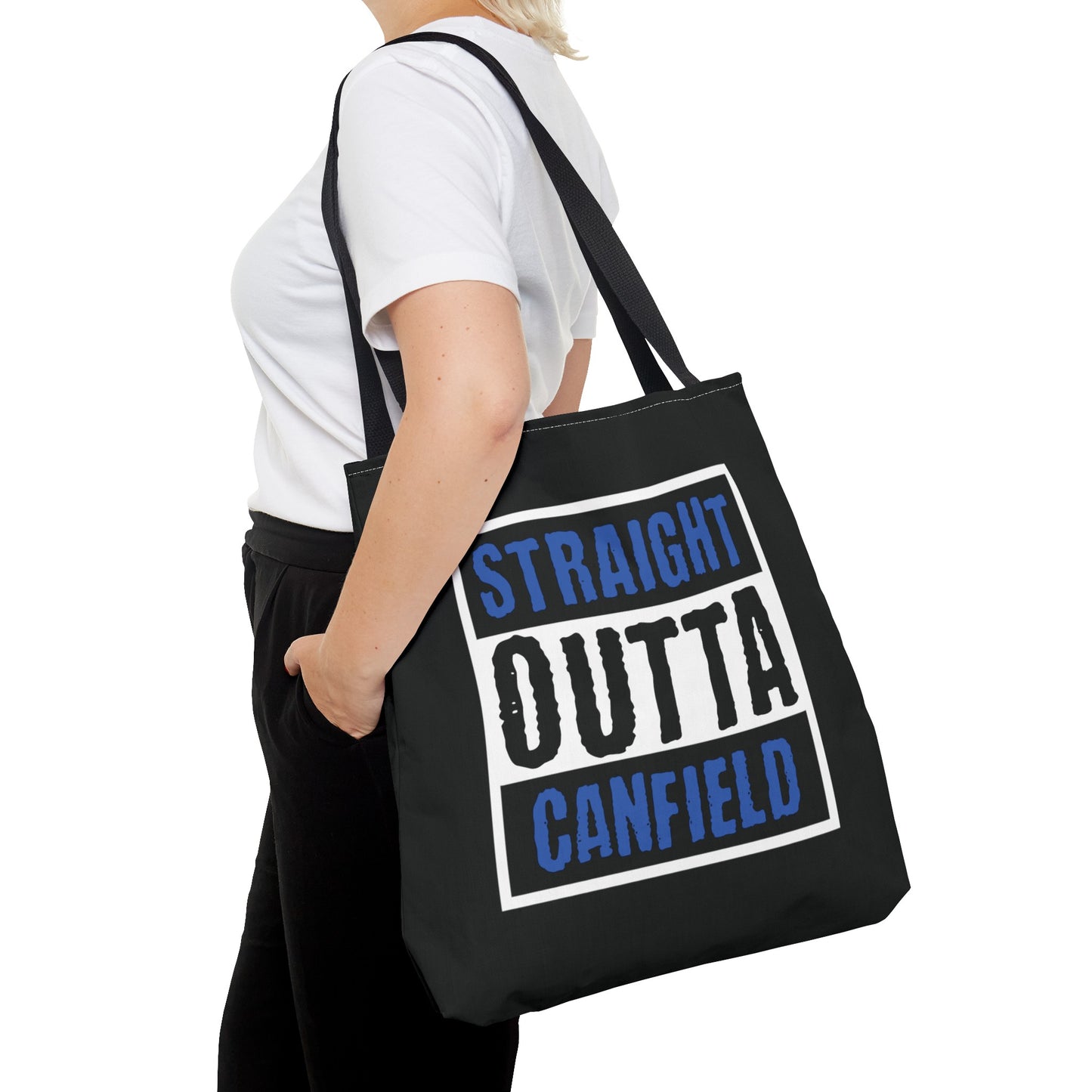 "Straight Outta Canfield" Tote Bag, Back-the-Blue Cardinal