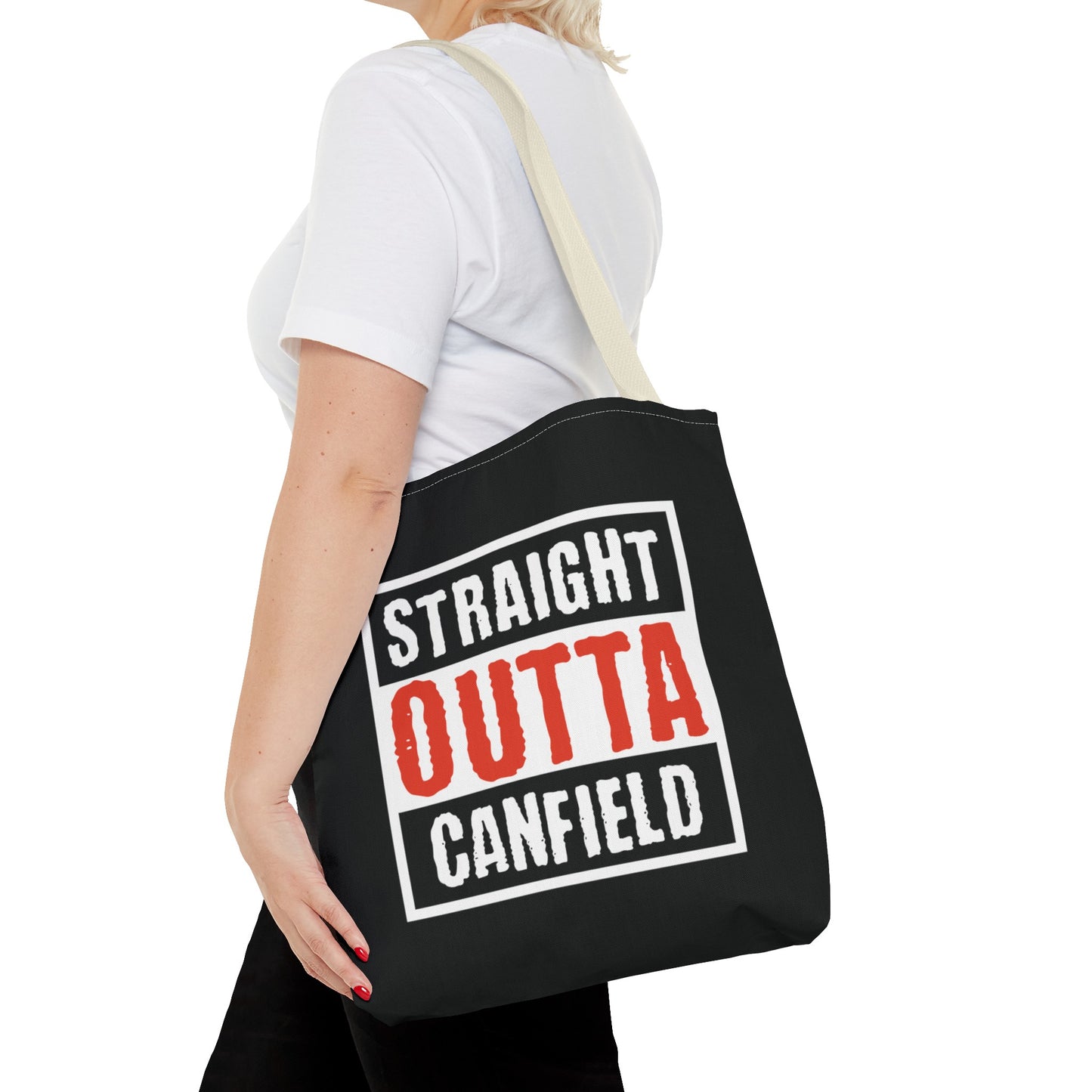 "Straight Outta Canfield" Tote Bag, Red Trim Cardinal