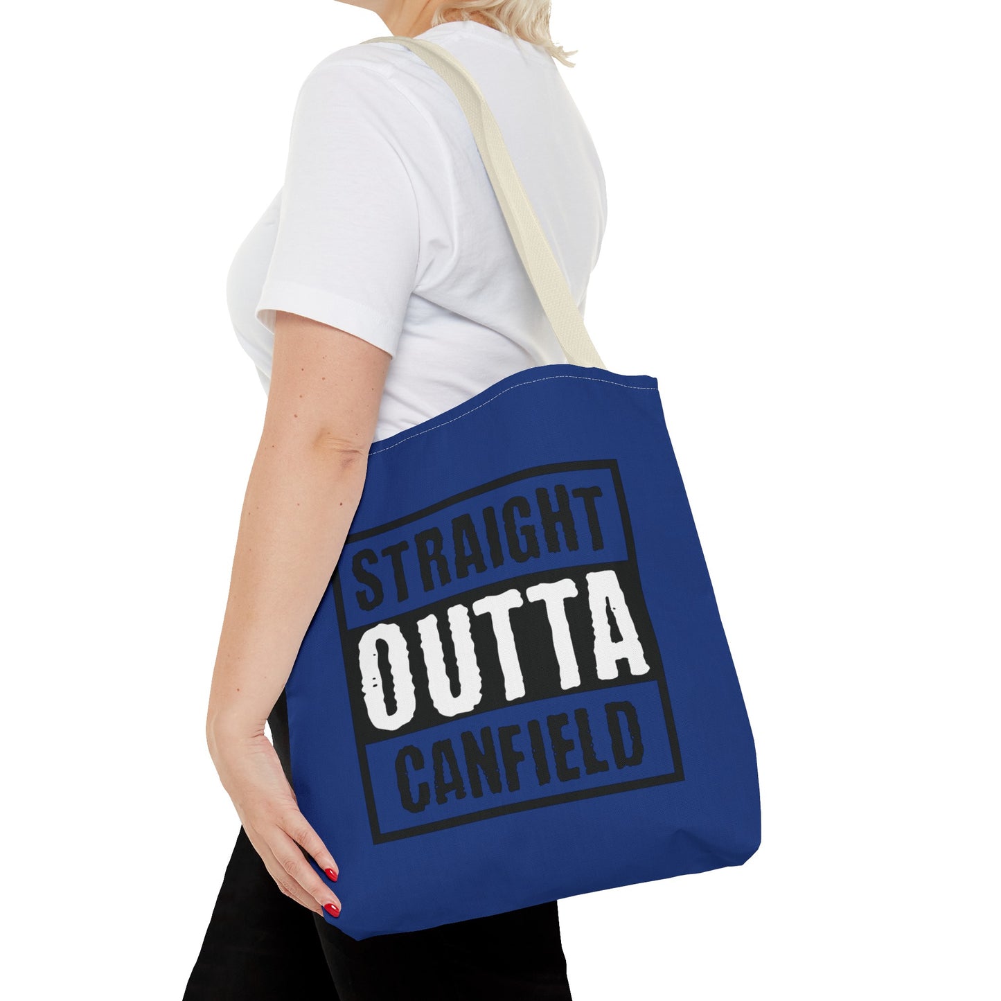 "Straight Outta Canfield" Tote Bag, Back-the-Blue Cardinal