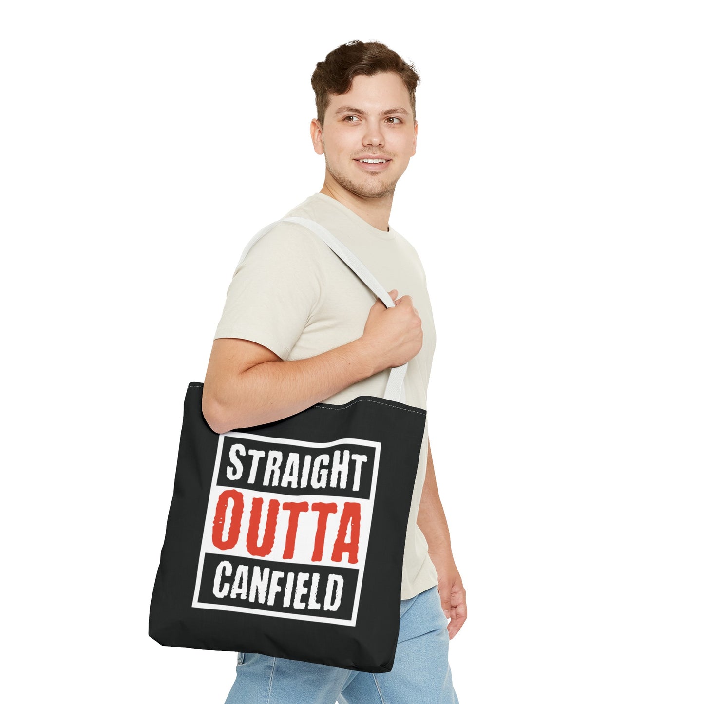 "Straight Outta Canfield" Tote Bag, White Cardinal