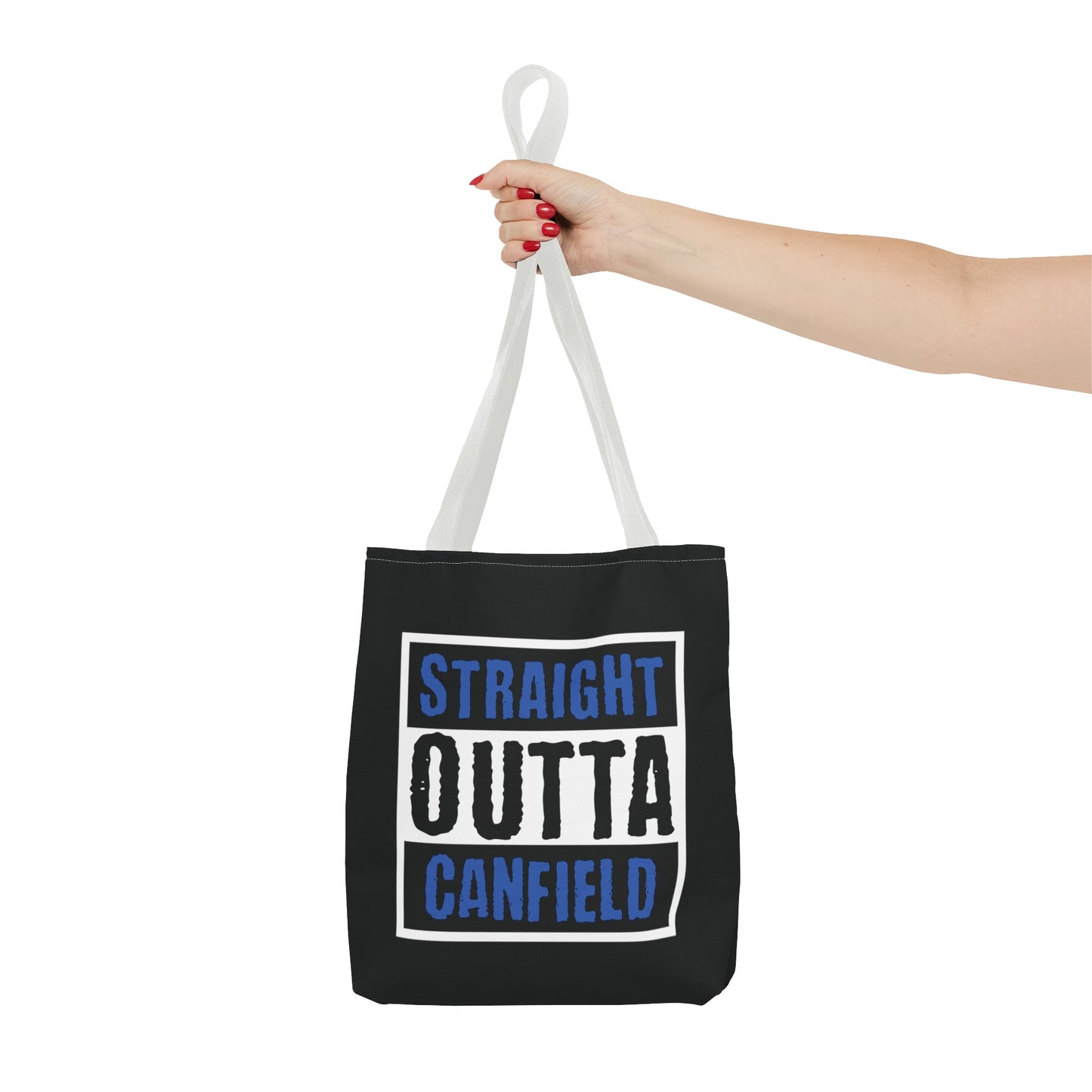 "Straight Outta Canfield" Tote Bag, Back-the-Blue Cardinal