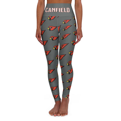 "Canfield Football" High Waisted Yoga Leggings, Red Cardinal