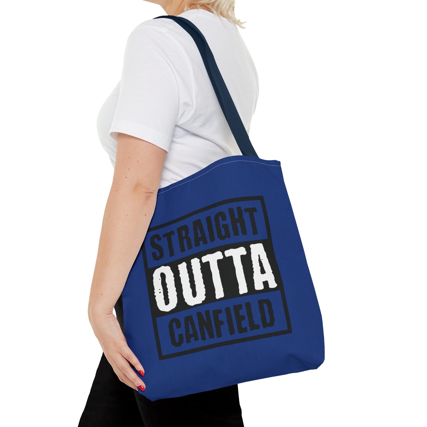 "Straight Outta Canfield" Tote Bag, Back-the-Blue Cardinal