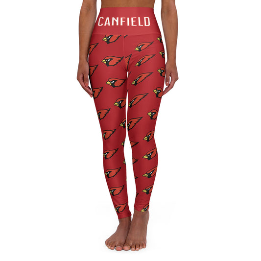 "Canfield Football" High Waisted Yoga Leggings, Red Cardinal