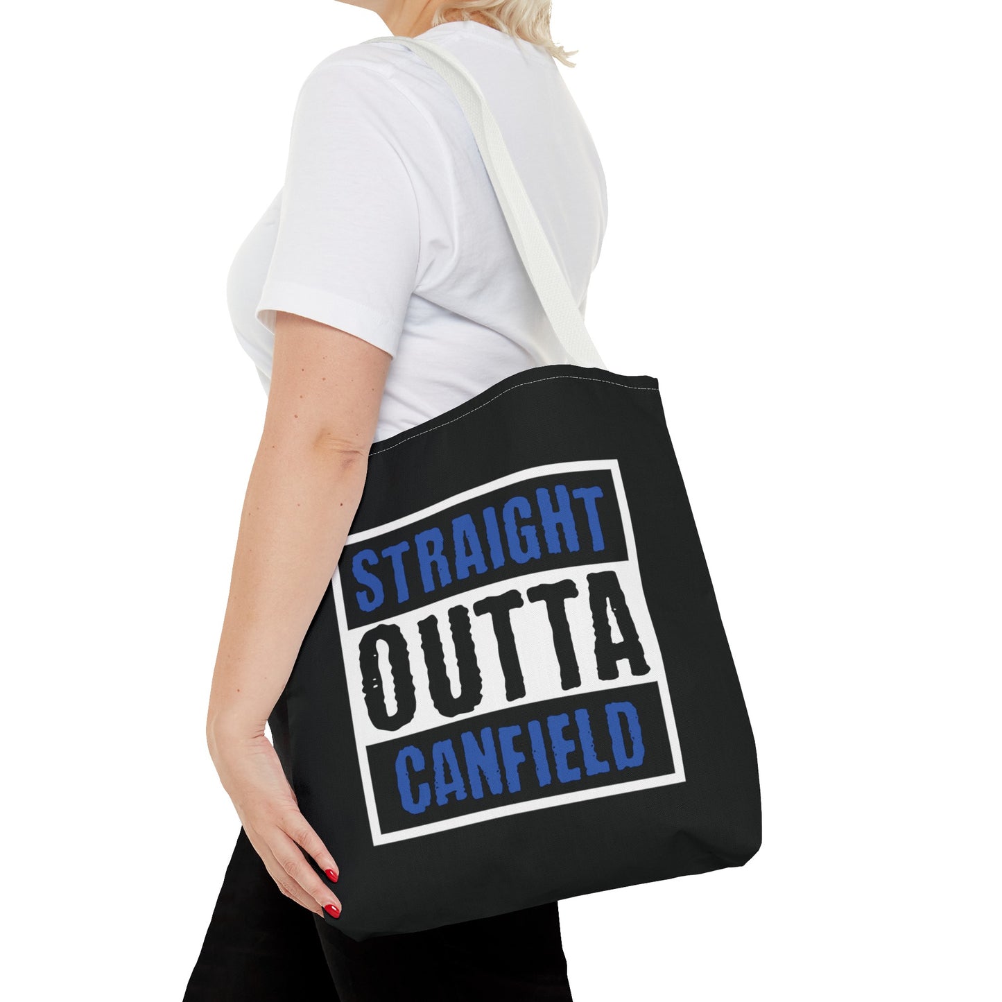 "Straight Outta Canfield" Tote Bag, Back-the-Blue Cardinal