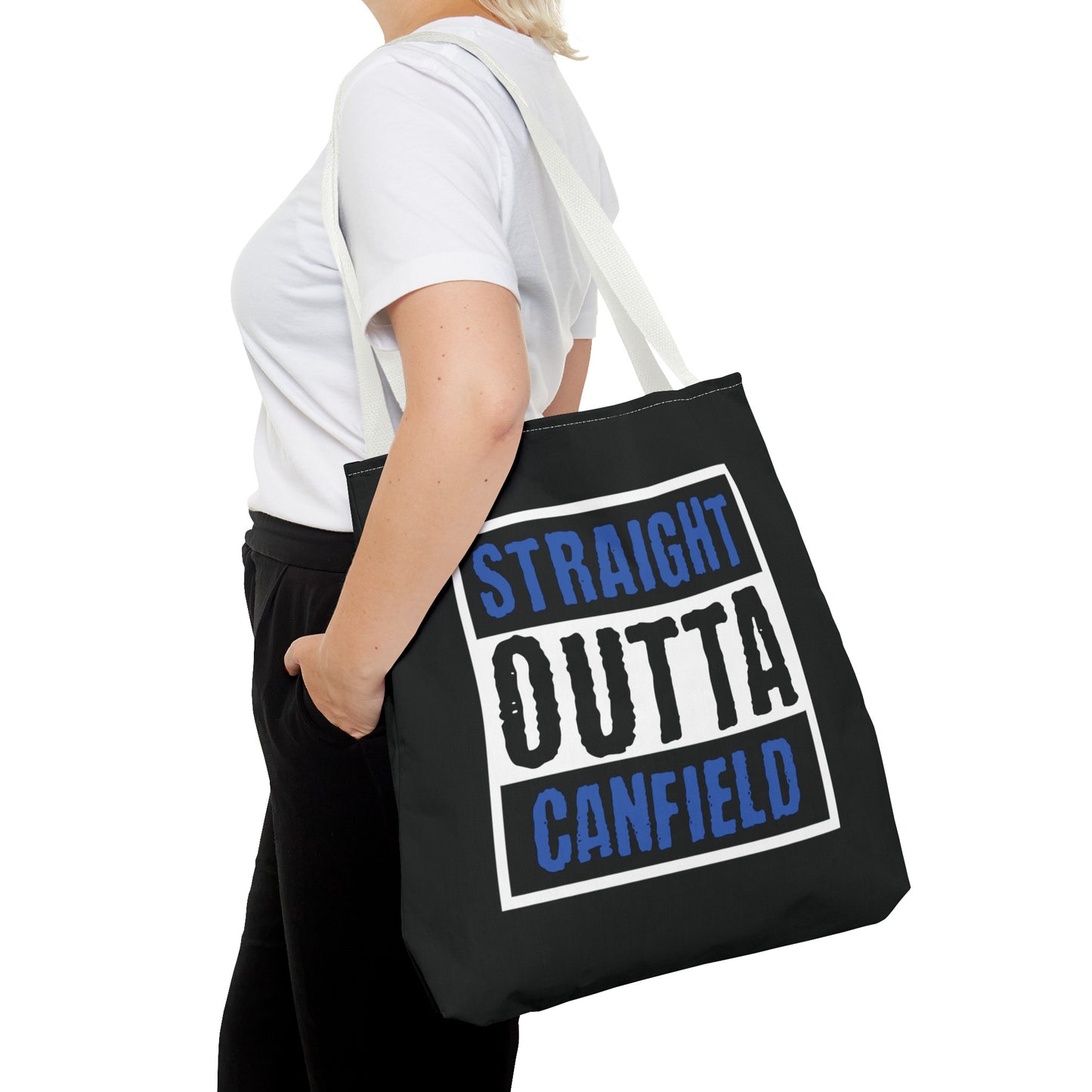 "Straight Outta Canfield" Tote Bag, Back-the-Blue Cardinal