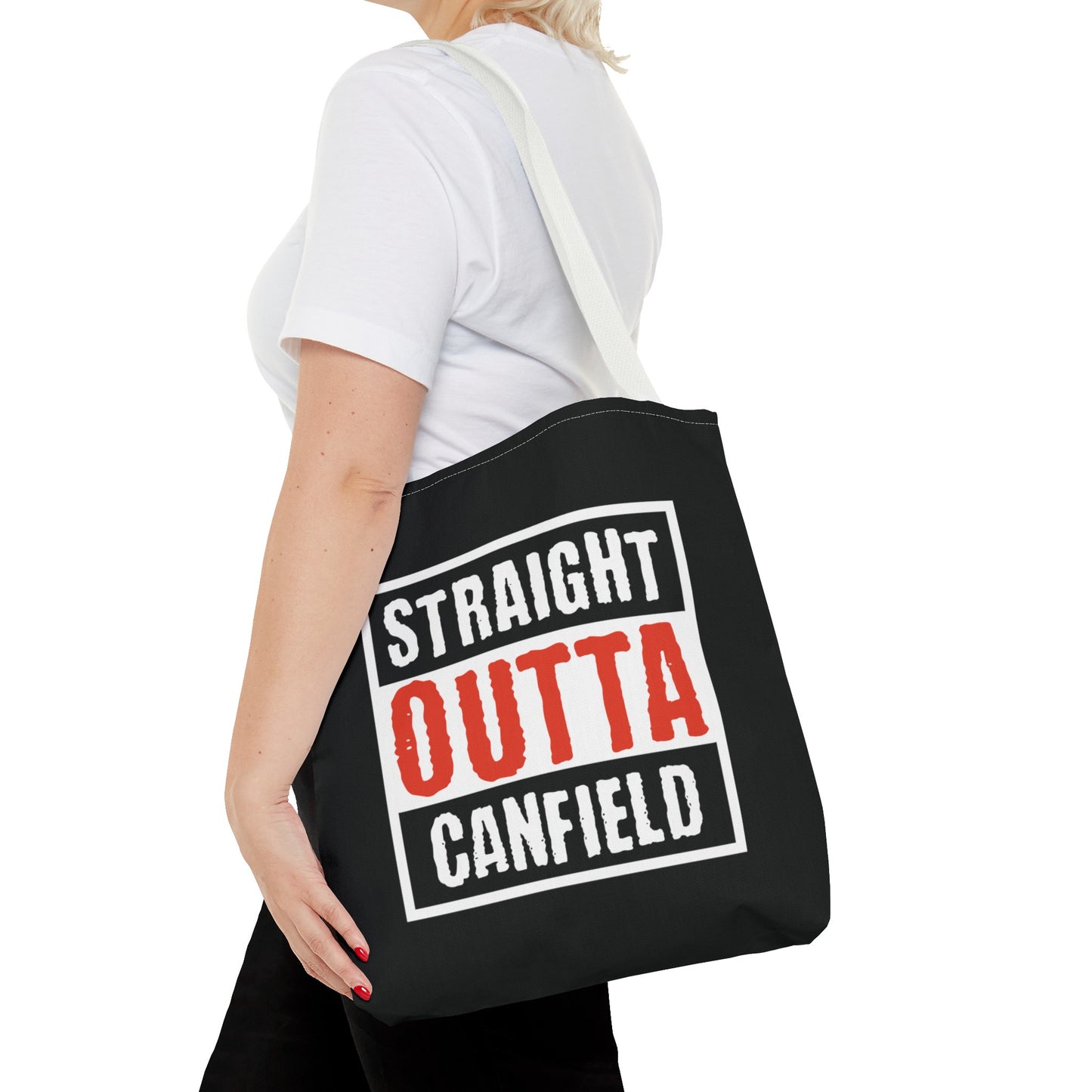 "Straight Outta Canfield" Tote Bag, White Cardinal