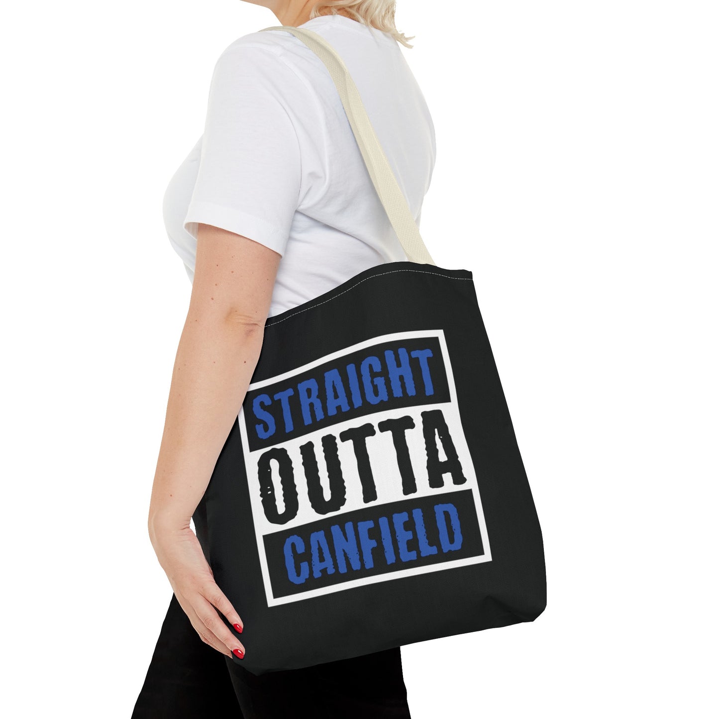 "Straight Outta Canfield" Tote Bag, Back-the-Blue Cardinal