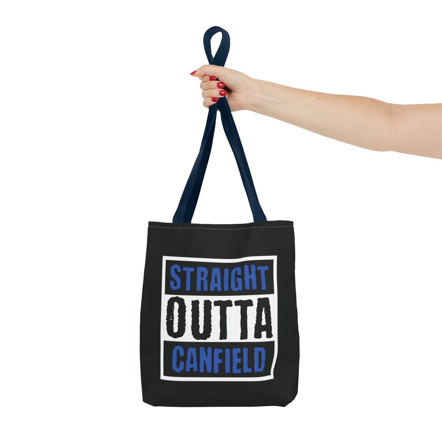 "Straight Outta Canfield" Tote Bag, Back-the-Blue Cardinal