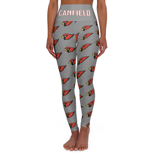 "Canfield Football" High Waisted Yoga Leggings, Red Cardinal