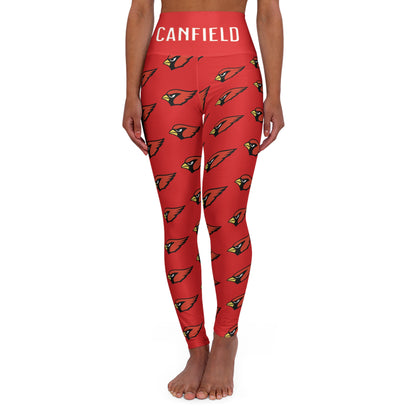 "Canfield Football" High Waisted Yoga Leggings, Red Cardinal